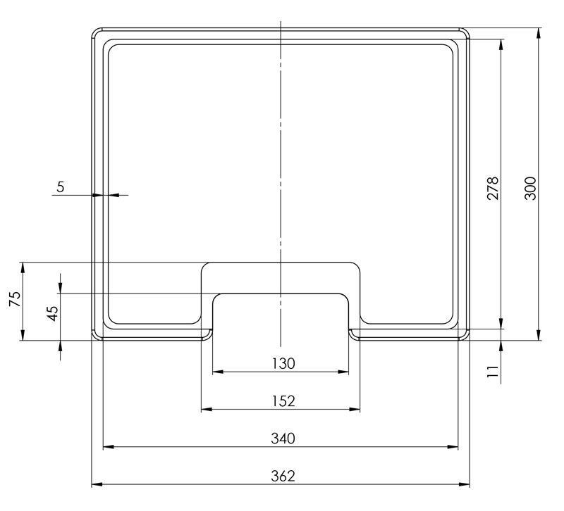 Krájecí deska HELIKA SQQ-362.300 – technický výkres s rozměry