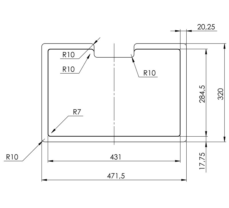 Krájecí deska HELIKA SQT-472.320 – technický výkres s rozměry