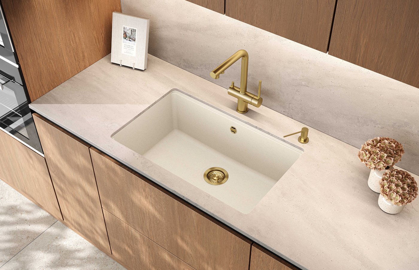 Granitový dřez HELIKA ARCA SQA105 v moderní kuchyni
