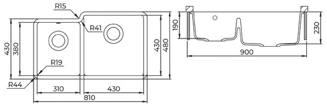 Granitový dřez HELIKA SQA230L/R – technický výkres s rozměry