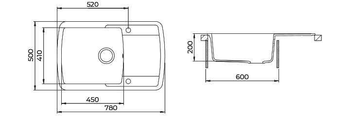 Granitový dřez HELIKA SQL101 – technický výkres s rozměry